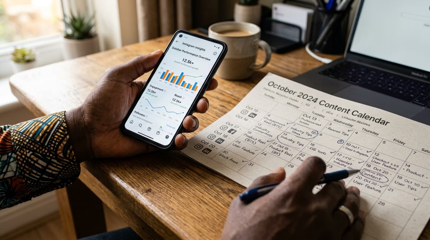 A phone displaying a social media analytics dashboard next to a content calendar on paper
