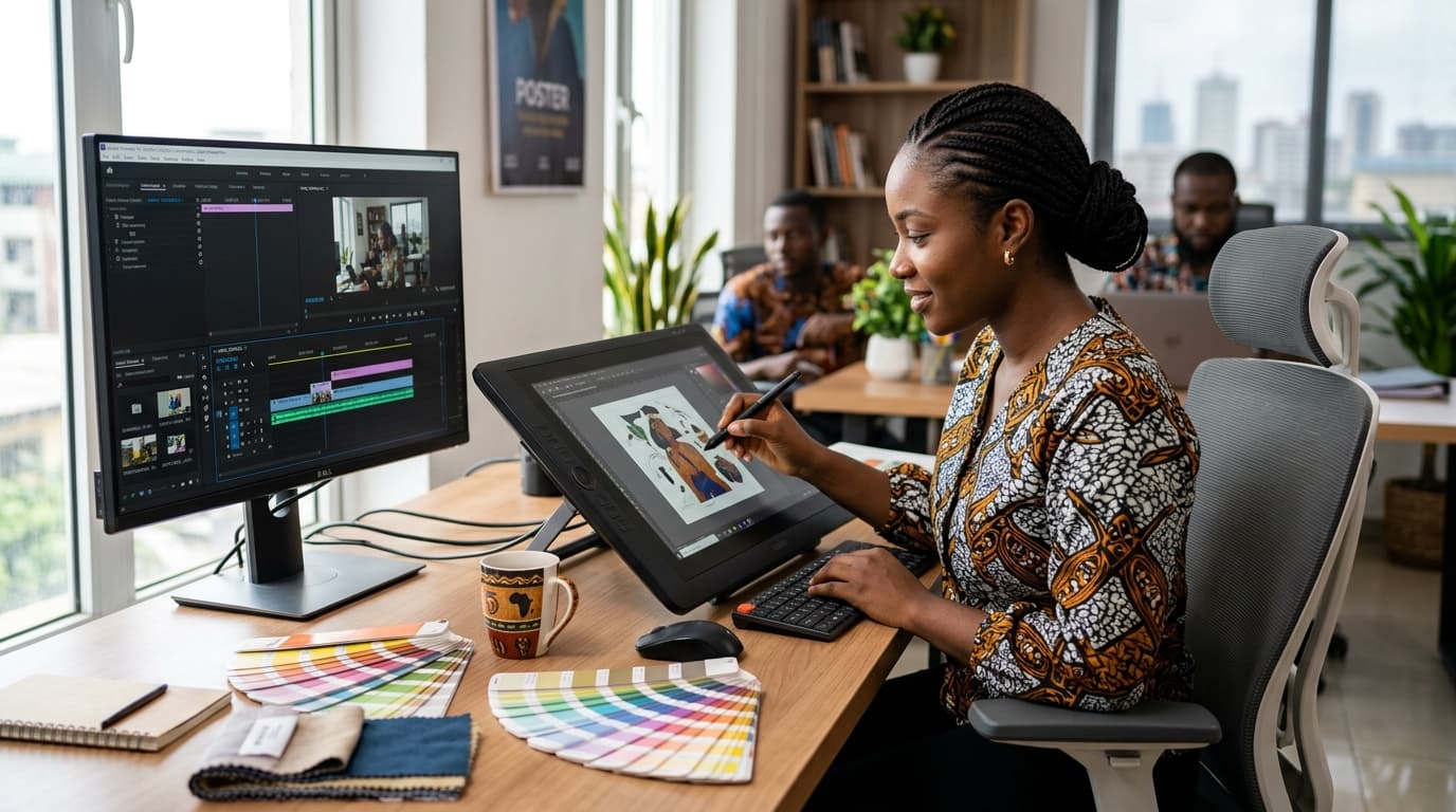 A designer's desk with a tablet, stylus, and color swatches next to a monitor showing video editing timeline