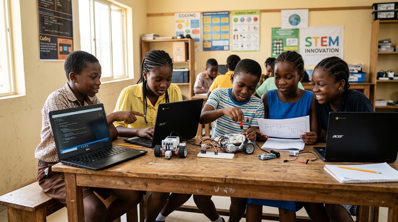 A group of children working together on laptops and a small robotics kit at a table
