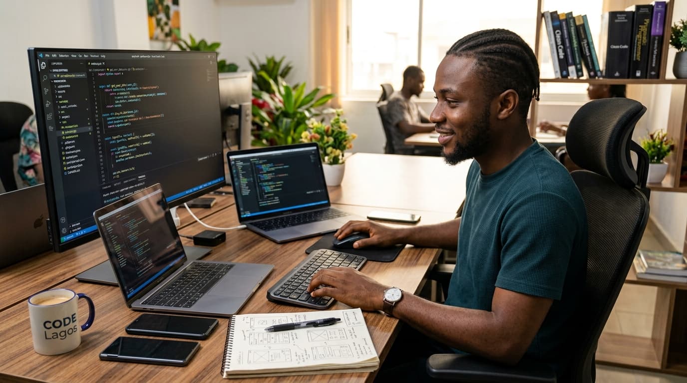 A laptop screen showing code in a text editor next to a notebook of wireframe sketches